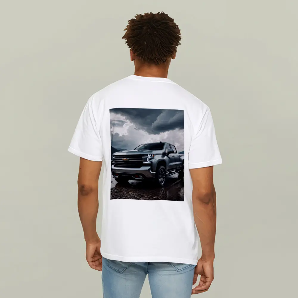 Chevrolet Silverado Parked By Stormy Lake – T-Shirts