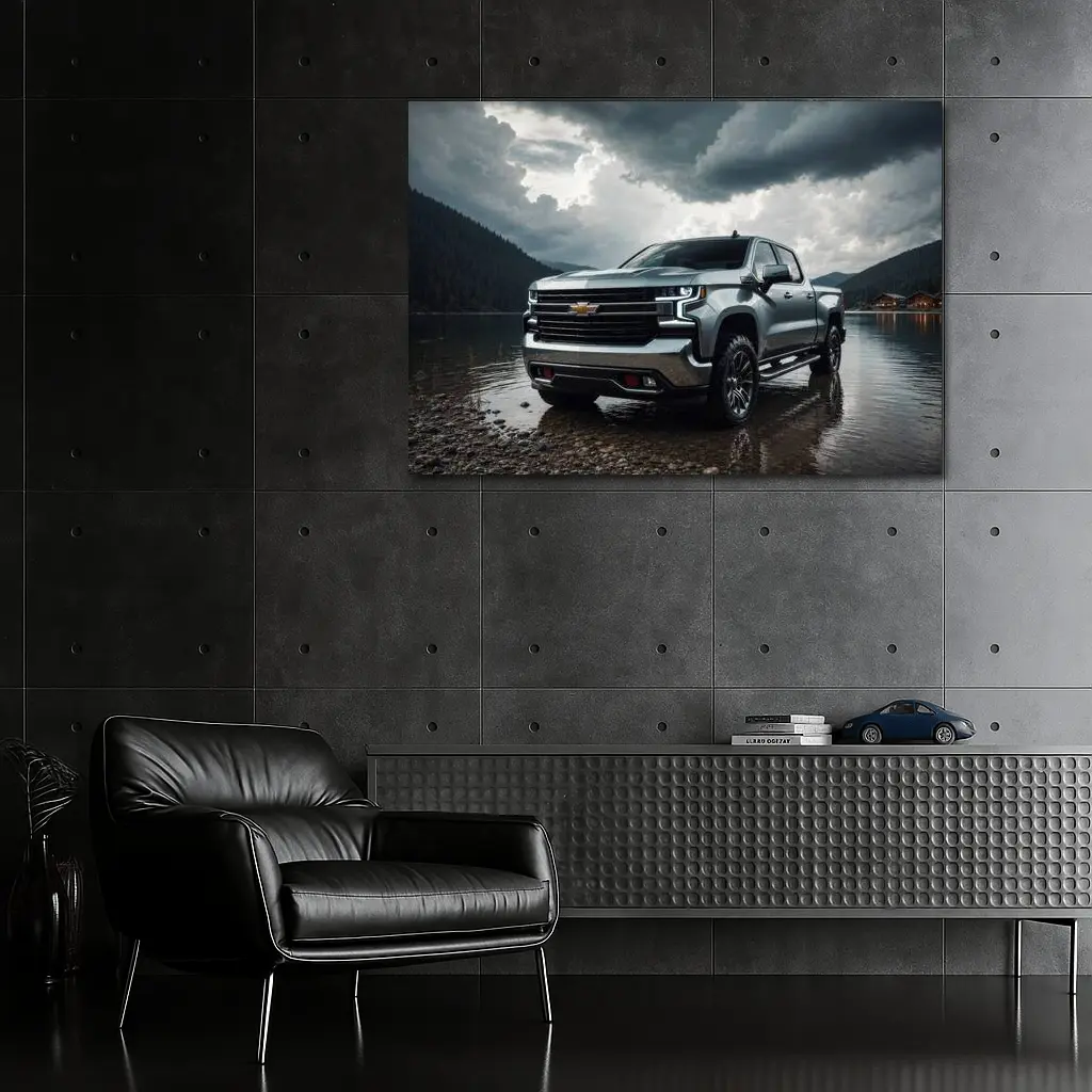 Chevrolet Silverado Parked By Stormy Lake – Wall Art