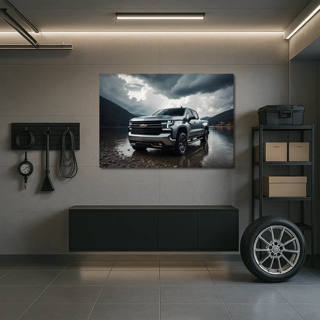 Chevrolet Silverado Parked By Stormy Lake – Wall Art