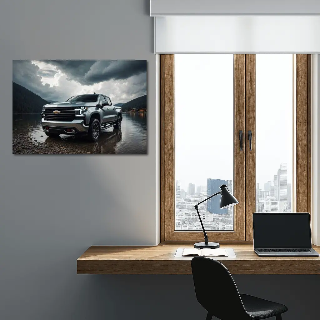 Chevrolet Silverado Parked By Stormy Lake – Wall Art