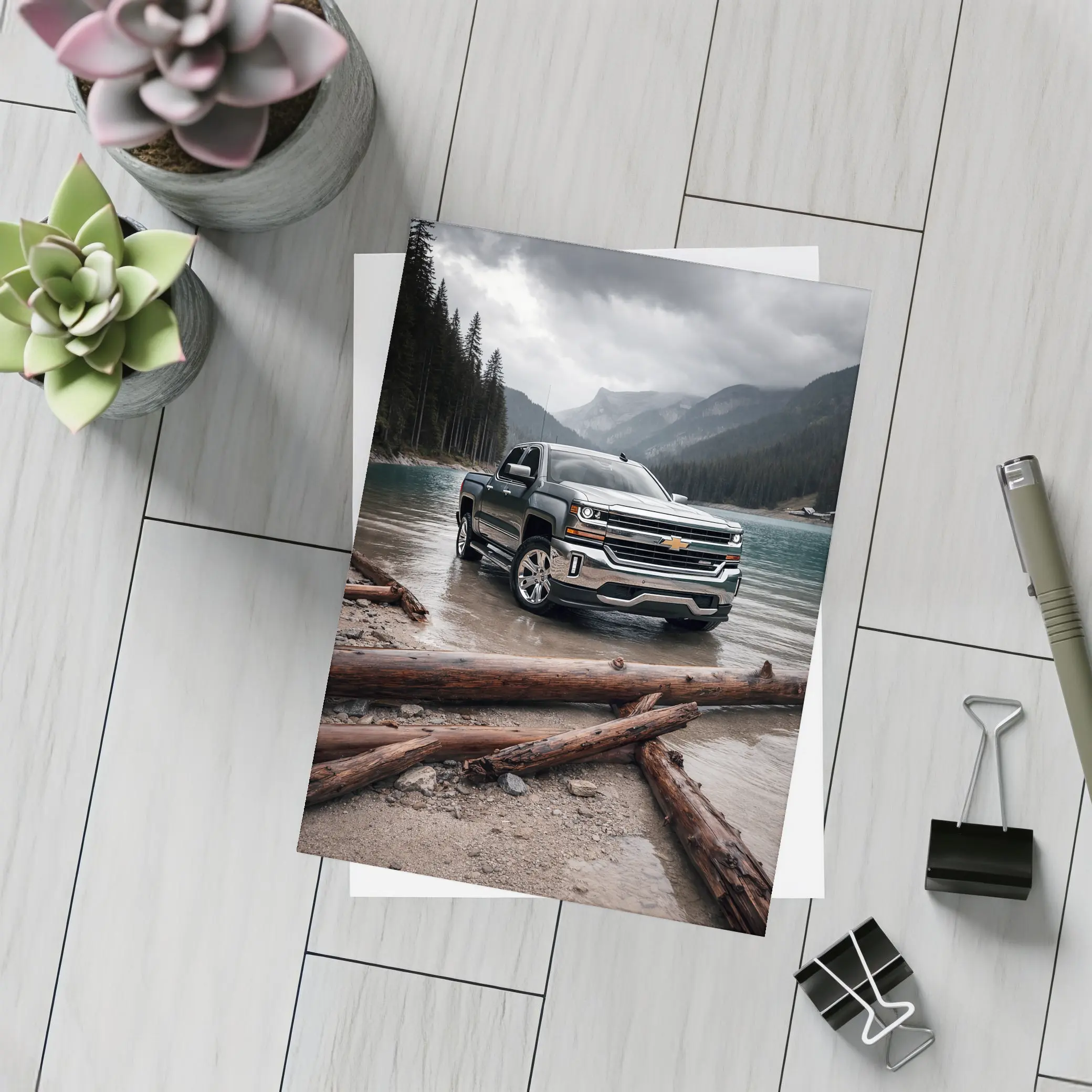 Chevrolet Silverado Parked By Mountain Lake – Postcards