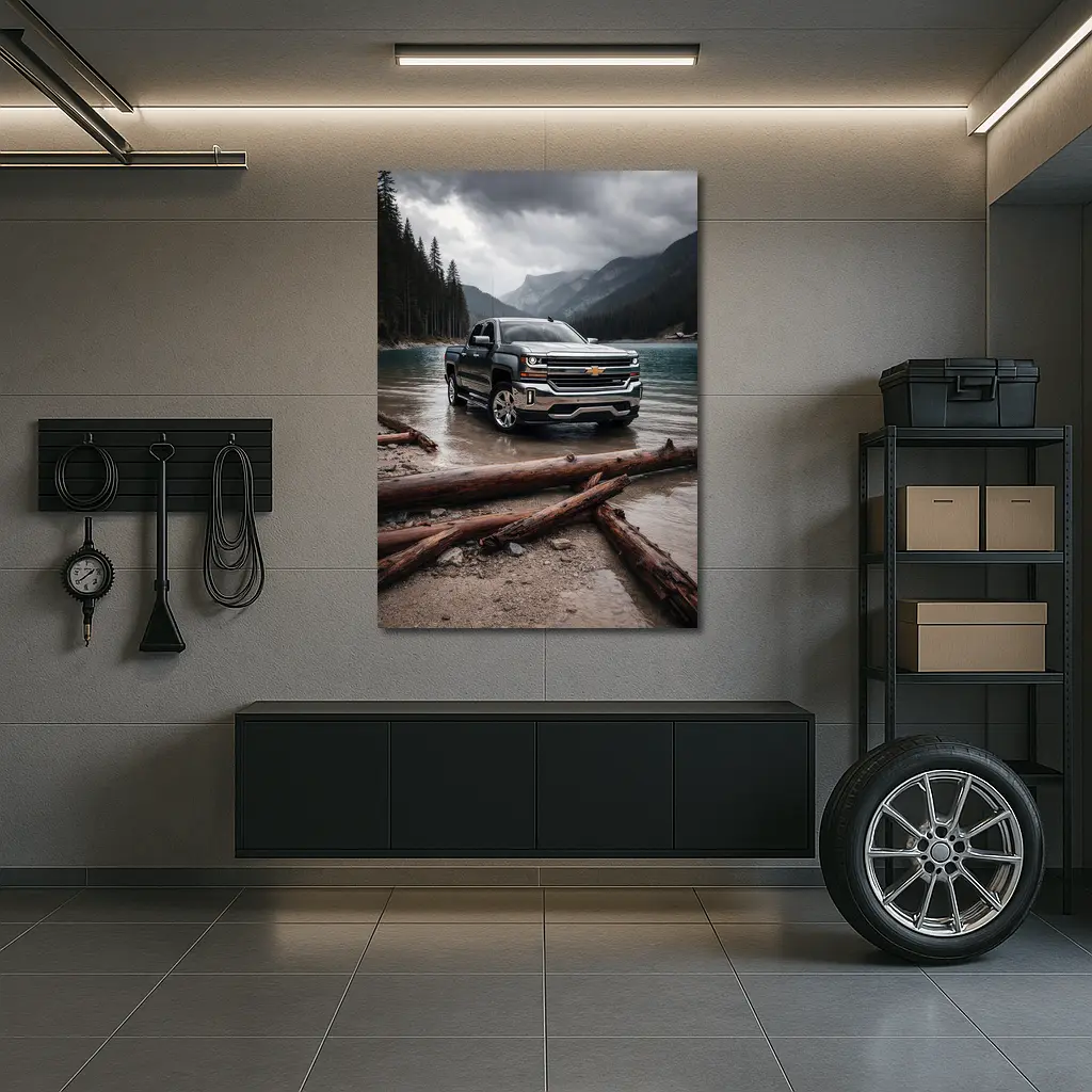 Chevrolet Silverado Parked By Mountain Lake – Wall Art