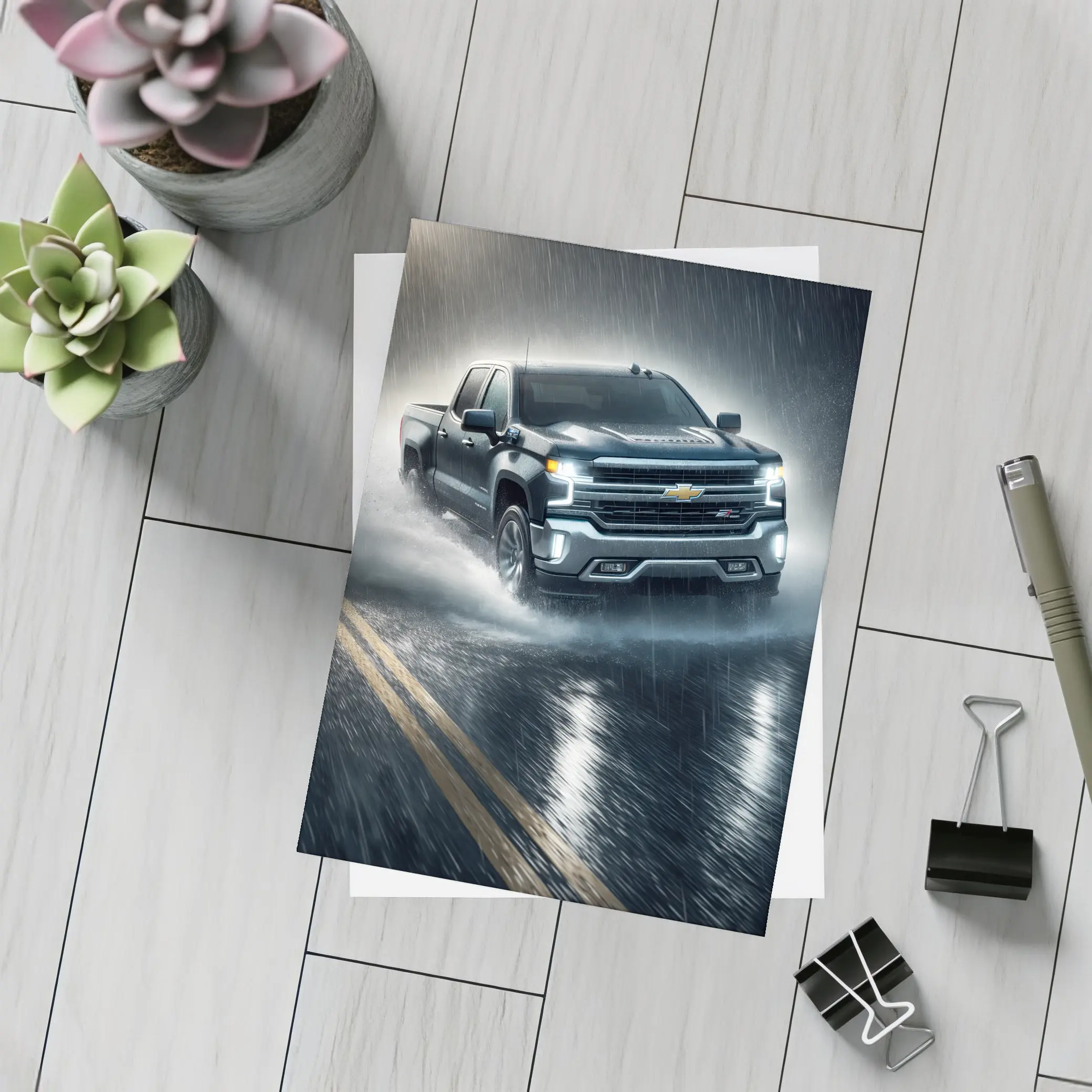 Chevrolet Silverado Driving Through Heavy Rain – Postcards