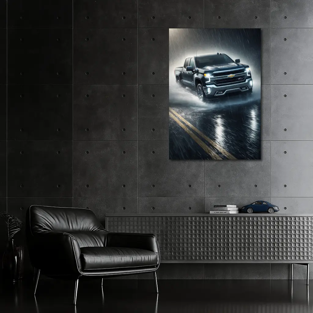 Chevrolet Silverado Driving Through Heavy Rain – Wall Art