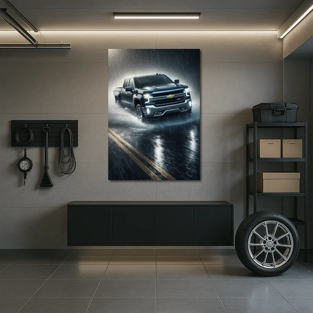 Chevrolet Silverado Driving Through Heavy Rain – Wall Art