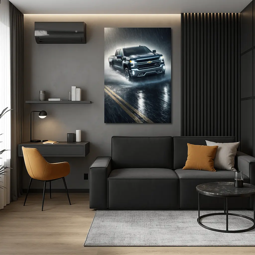 Chevrolet Silverado Driving Through Heavy Rain – Wall Art