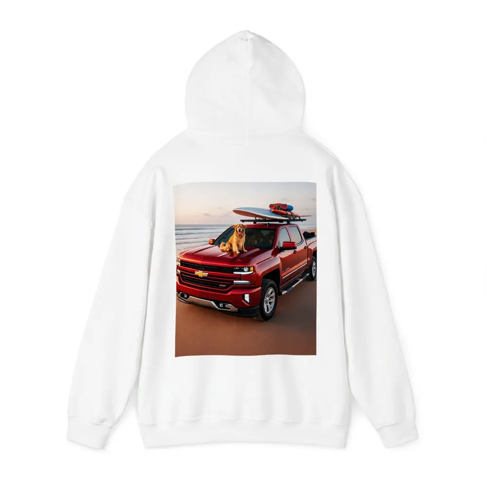Chevrolet Silverado Red Truck Beach Golden Retriever – Hoodies