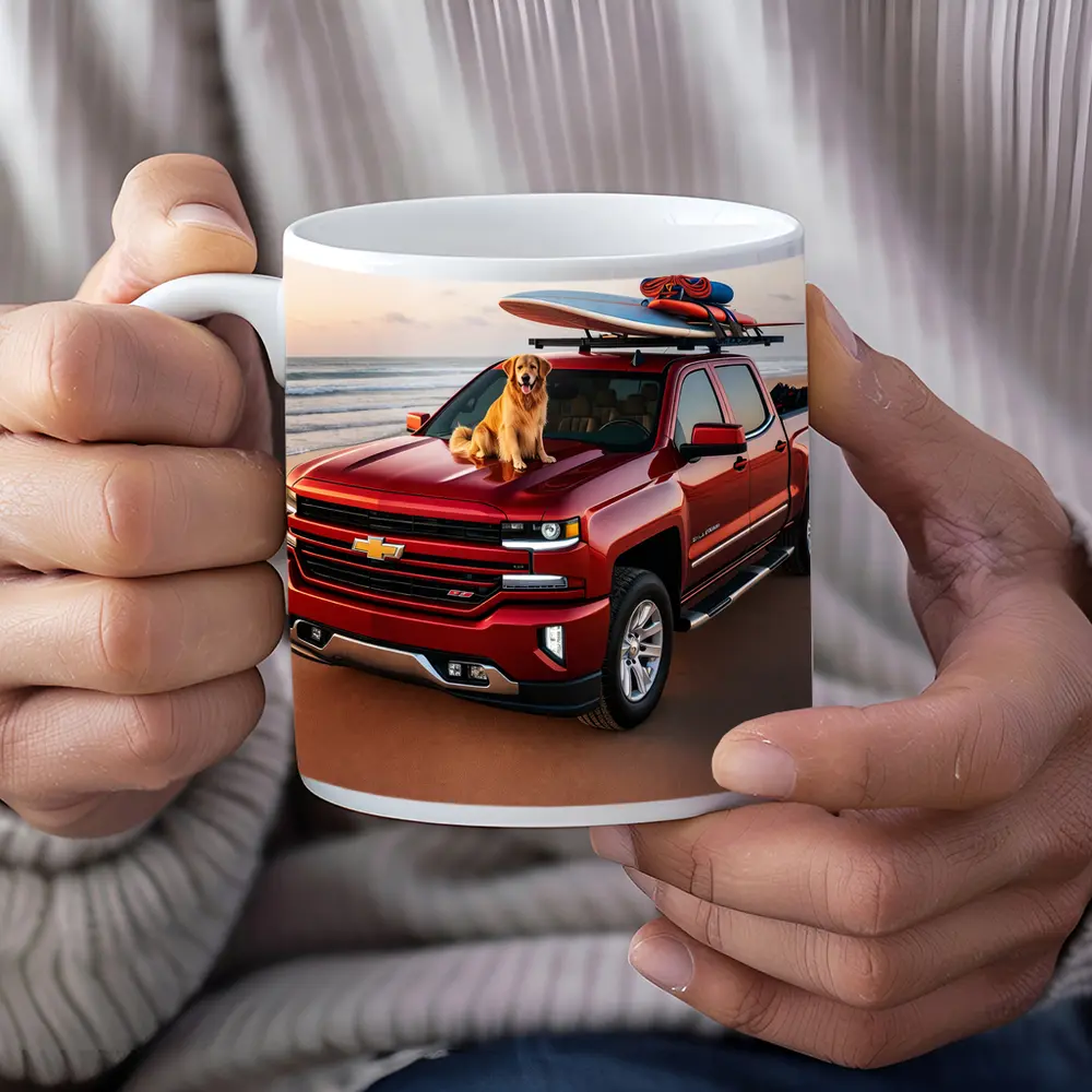 Chevrolet Silverado Red Truck Beach Golden Retriever – Mugs