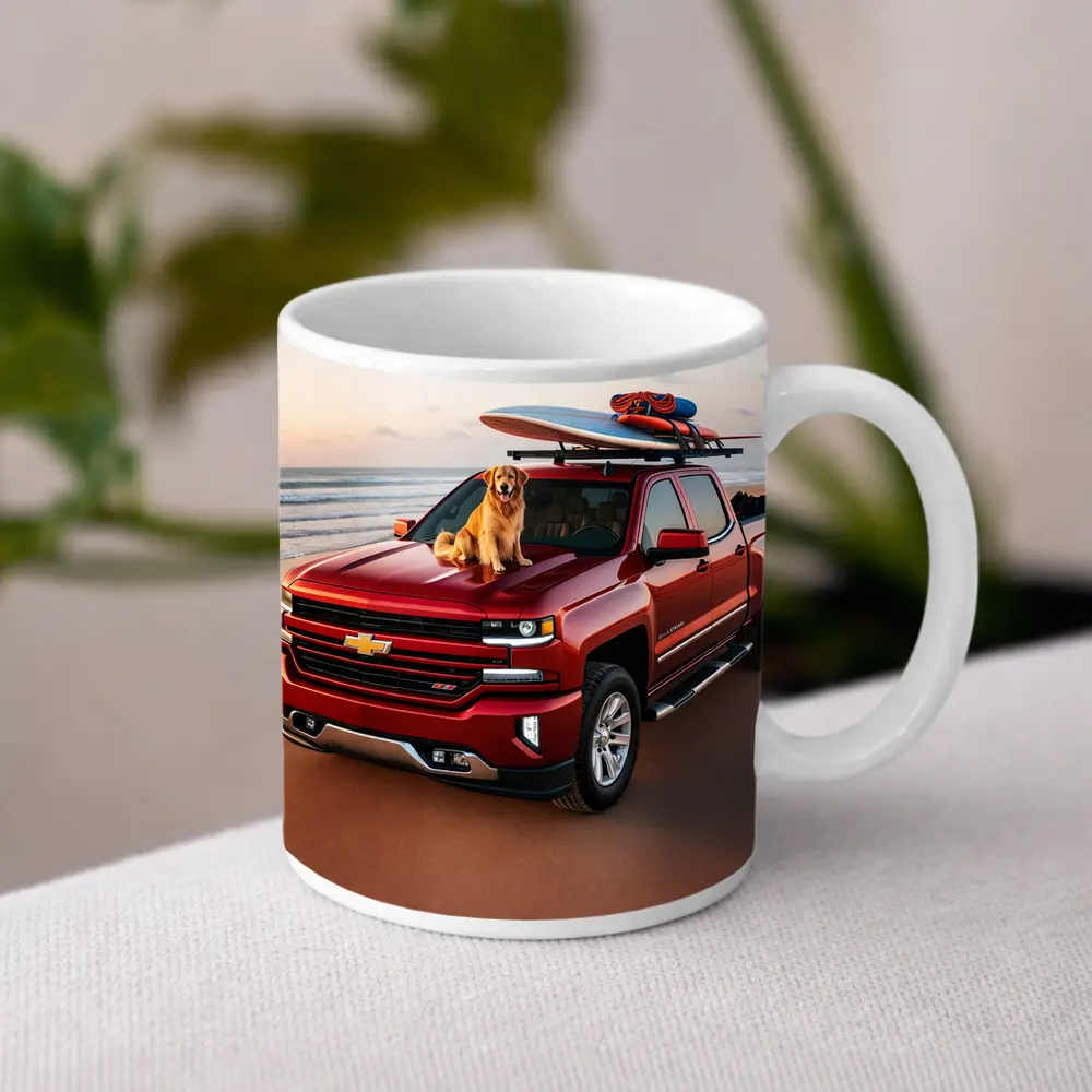 Chevrolet Silverado Red Truck Beach Golden Retriever – Mugs