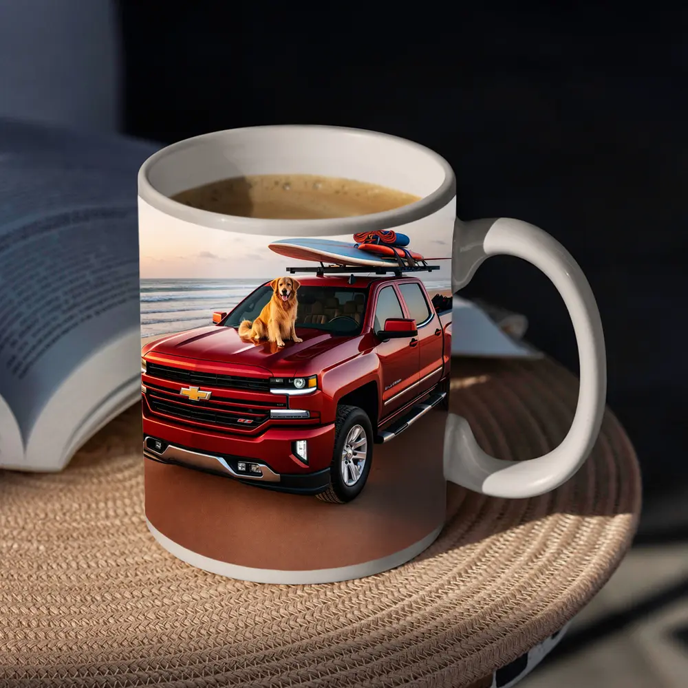 Chevrolet Silverado Red Truck Beach Golden Retriever – Mugs