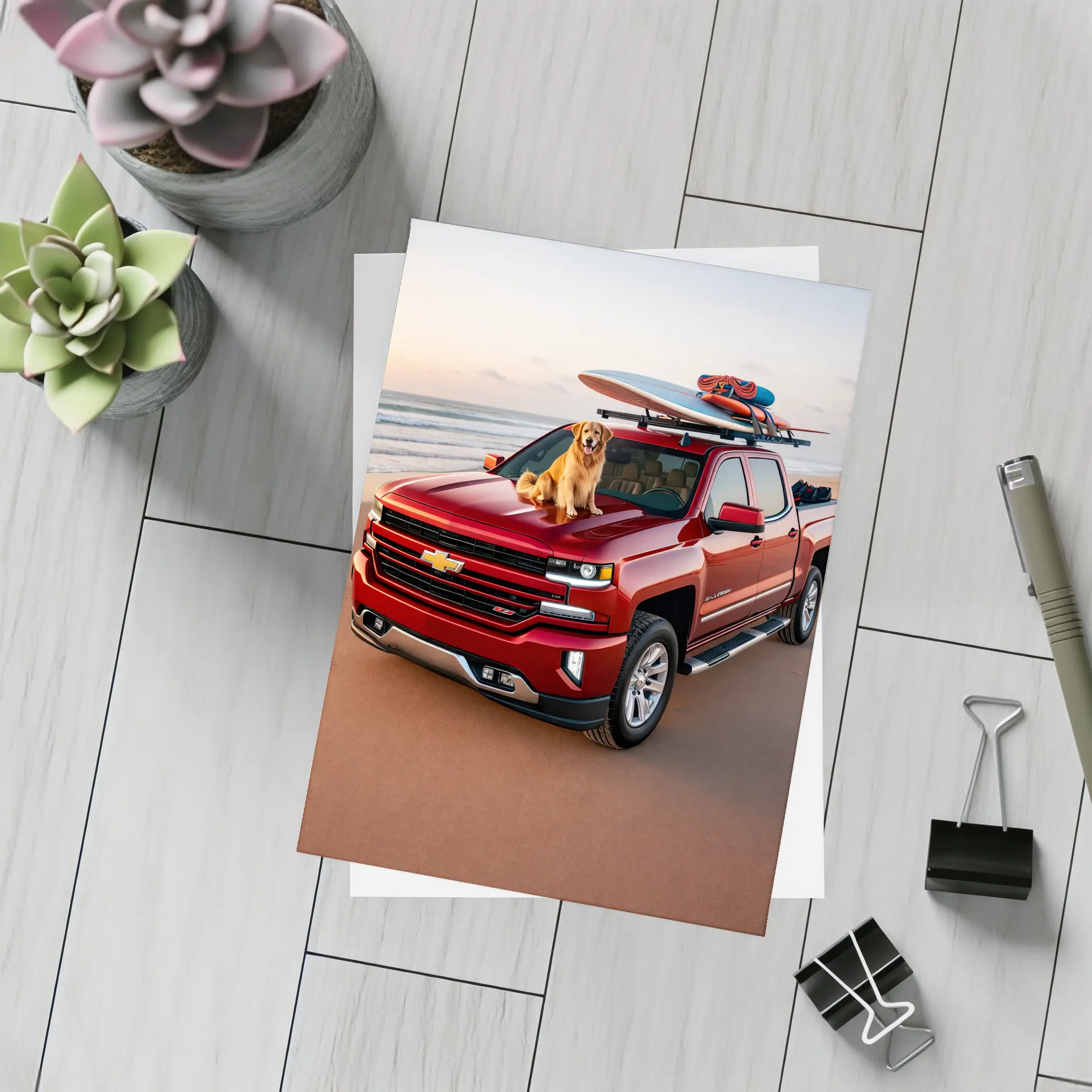 Chevrolet Silverado Red Truck Beach Golden Retriever – Postcards