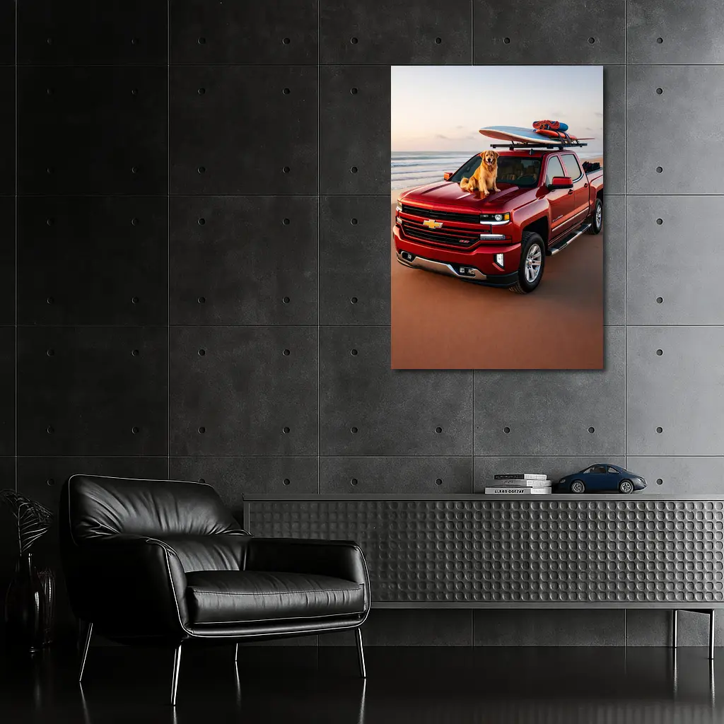 Chevrolet Silverado Red Truck Beach Golden Retriever – Wall Art