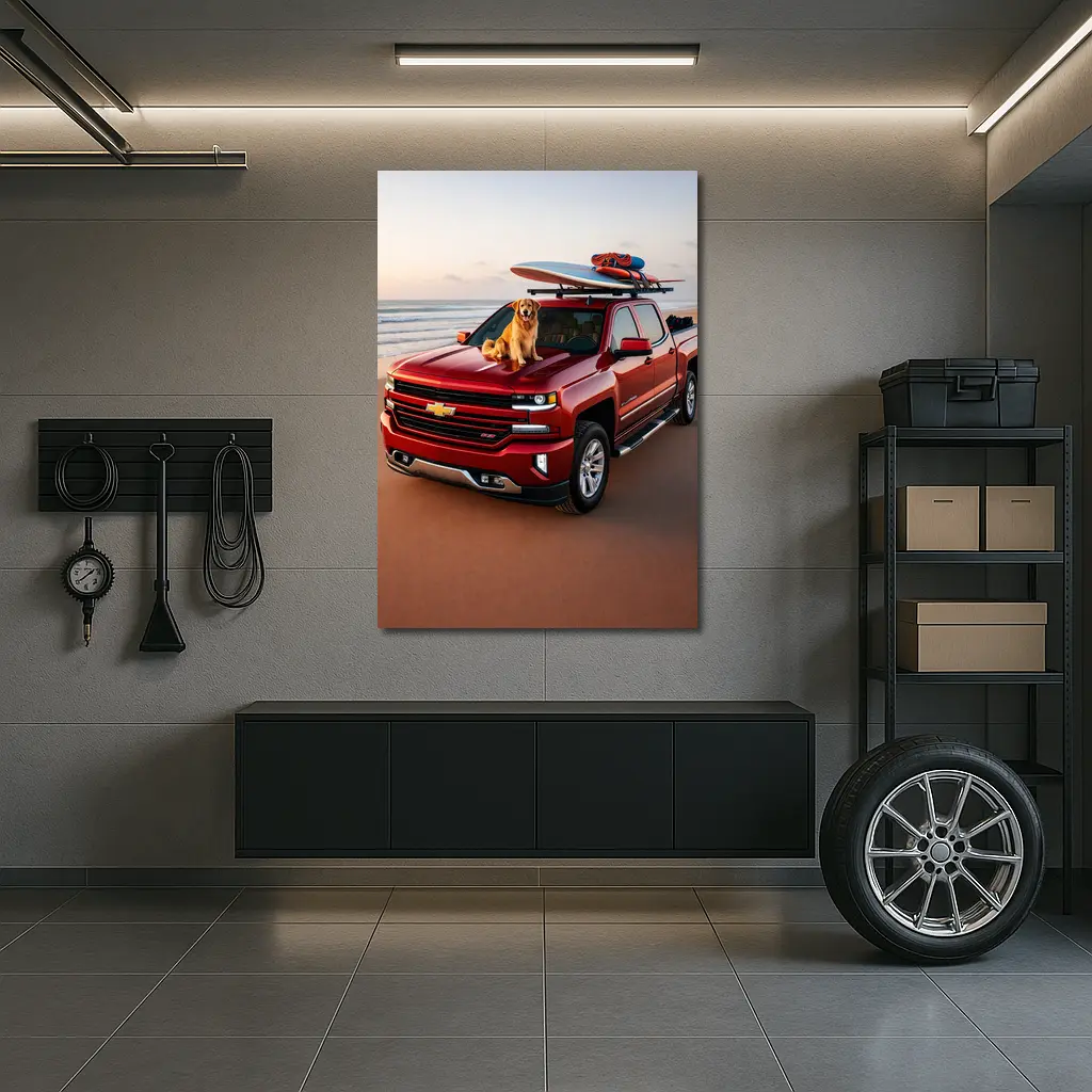 Chevrolet Silverado Red Truck Beach Golden Retriever – Wall Art
