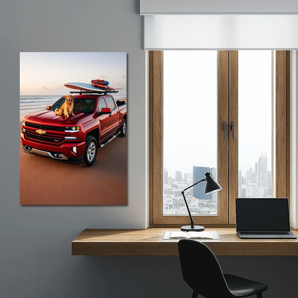 Chevrolet Silverado Red Truck Beach Golden Retriever – Wall Art