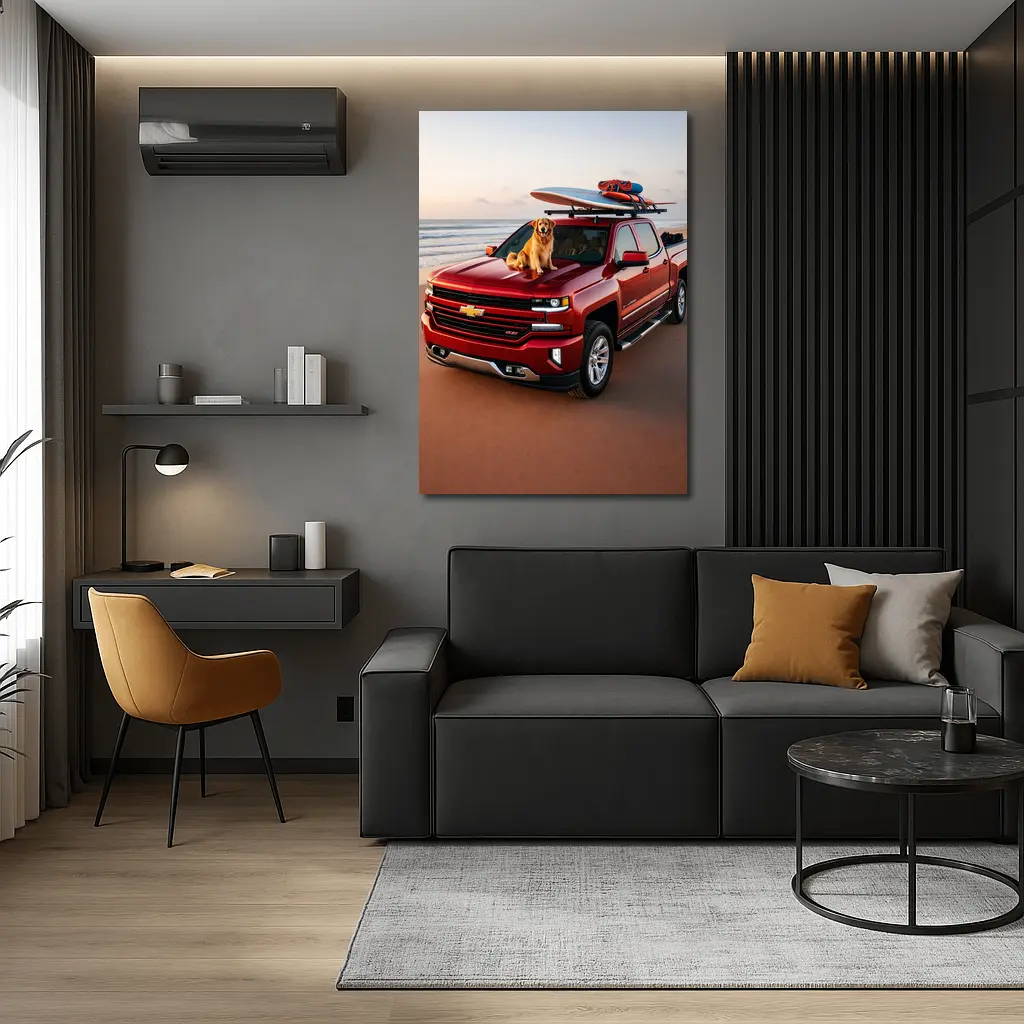 Chevrolet Silverado Red Truck Beach Golden Retriever – Wall Art