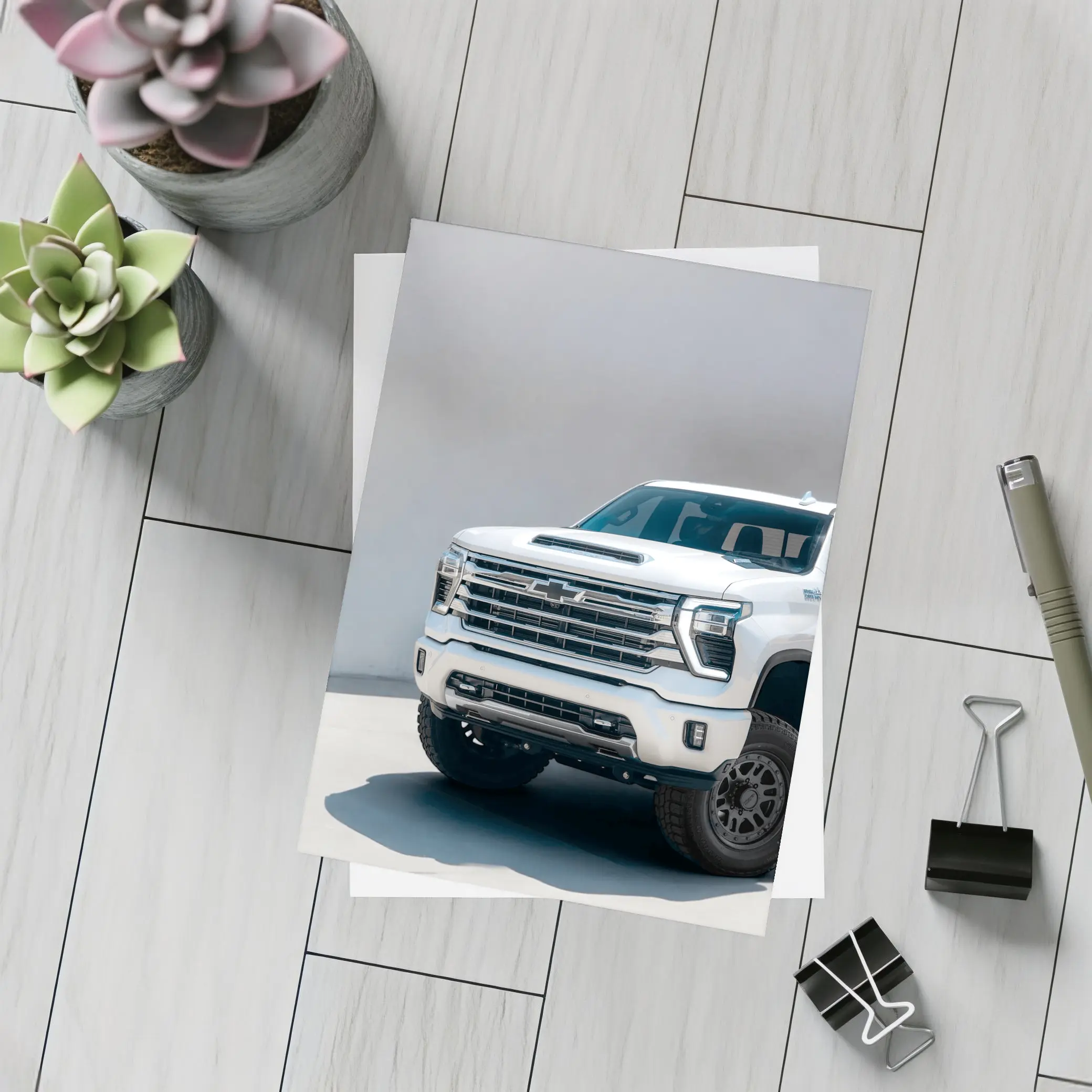 Chevrolet Silverado White Truck Front View – Postcards