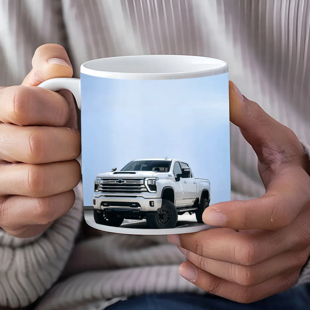 Chevrolet Silverado White Lifted Truck Clean Background – Mugs
