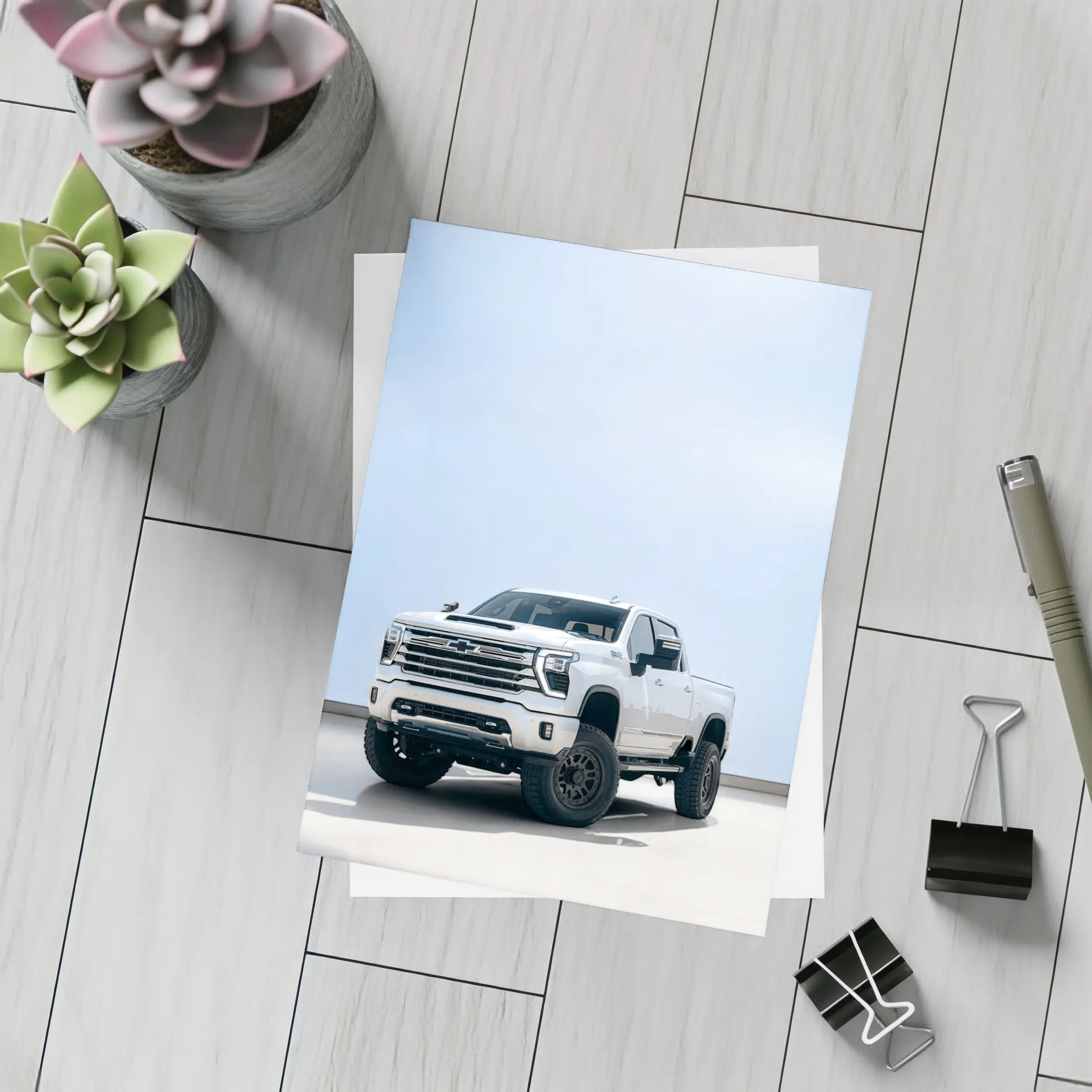 Chevrolet Silverado White Lifted Truck Clean Background – Postcards