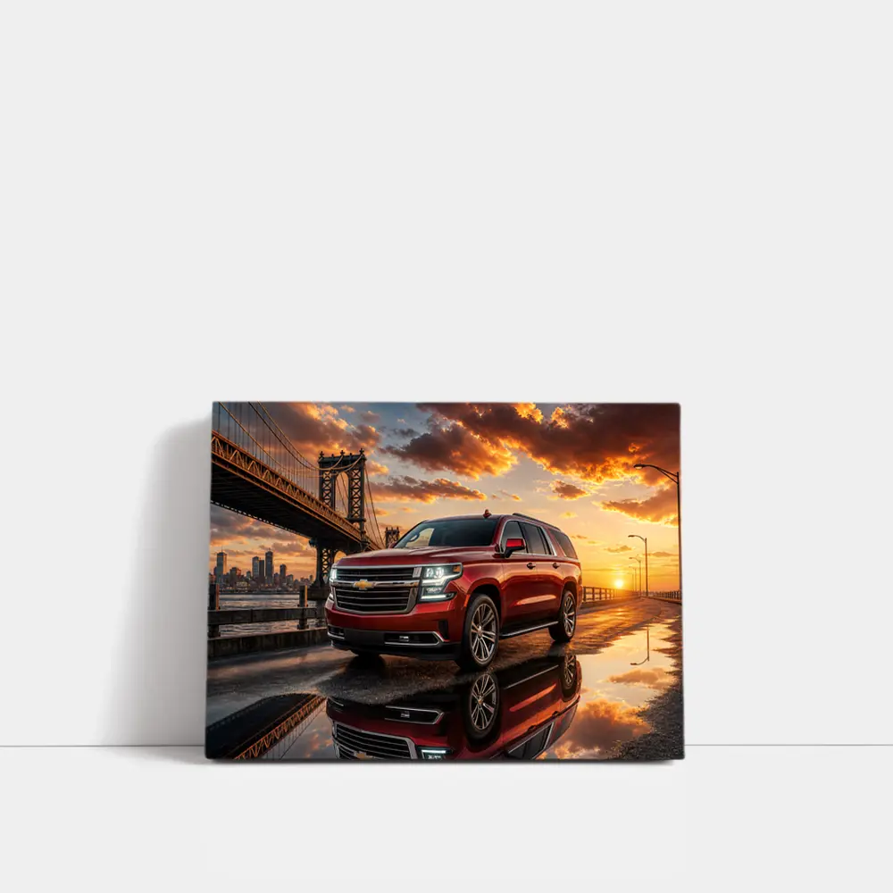 Chevrolet Suburban Red SUV Bridge Sunset – Wall Art