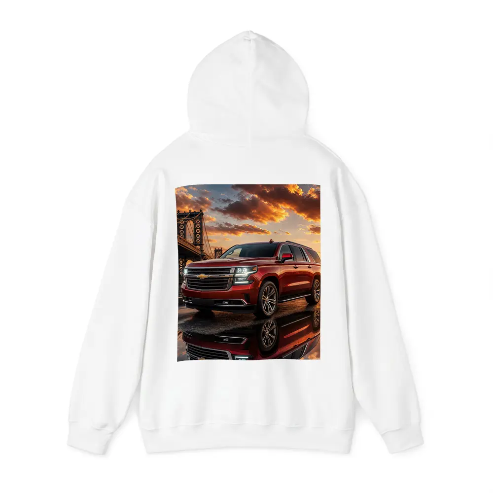 Chevrolet Suburban Red SUV Bridge Sunset – Hoodies