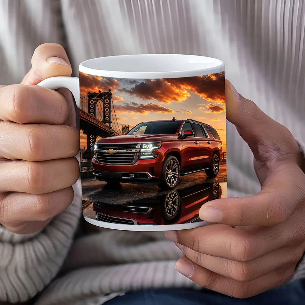 Chevrolet Suburban Red SUV Bridge Sunset – Mugs