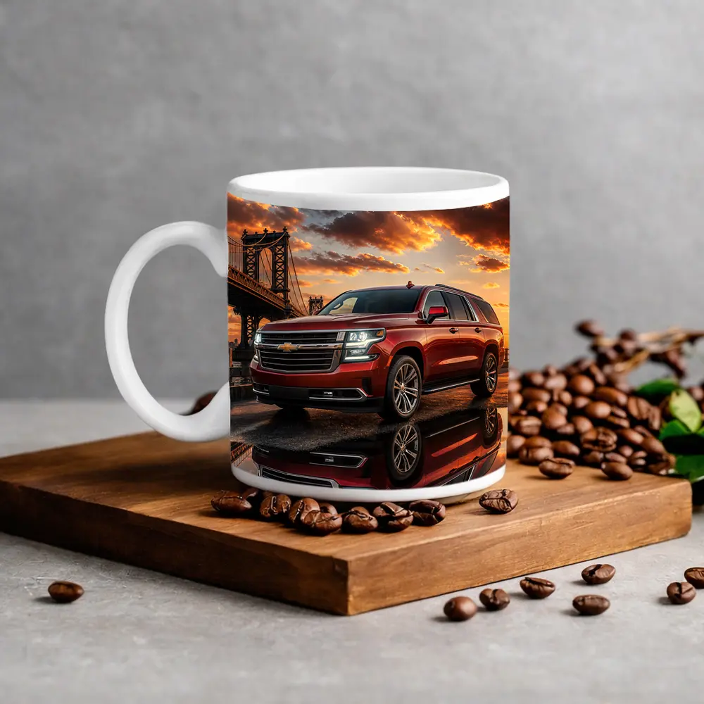 Chevrolet Suburban Red SUV Bridge Sunset – Mugs