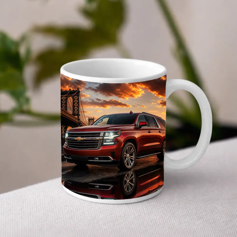Chevrolet Suburban Red SUV Bridge Sunset – Mugs