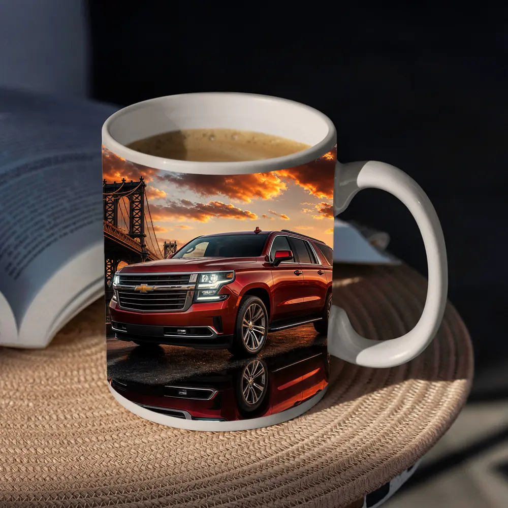 Chevrolet Suburban Red SUV Bridge Sunset – Mugs