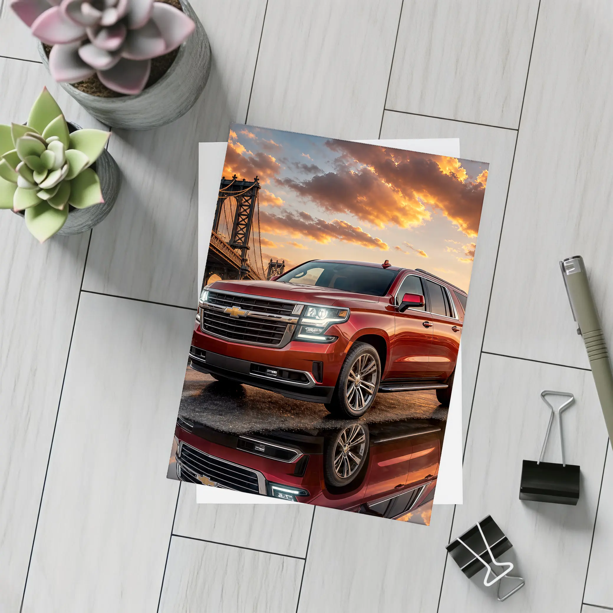 Chevrolet Suburban Red SUV Bridge Sunset – Postcards