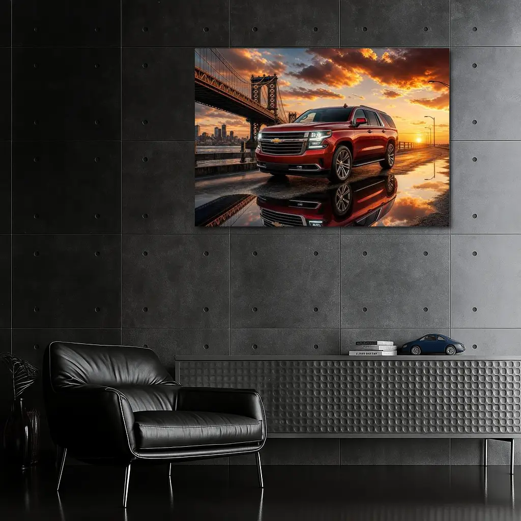 Chevrolet Suburban Red SUV Bridge Sunset – Wall Art