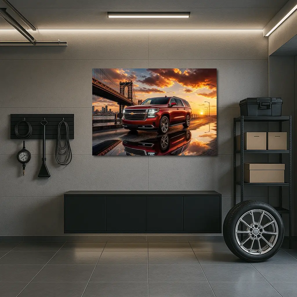 Chevrolet Suburban Red SUV Bridge Sunset – Wall Art