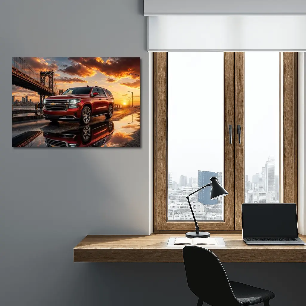 Chevrolet Suburban Red SUV Bridge Sunset – Wall Art