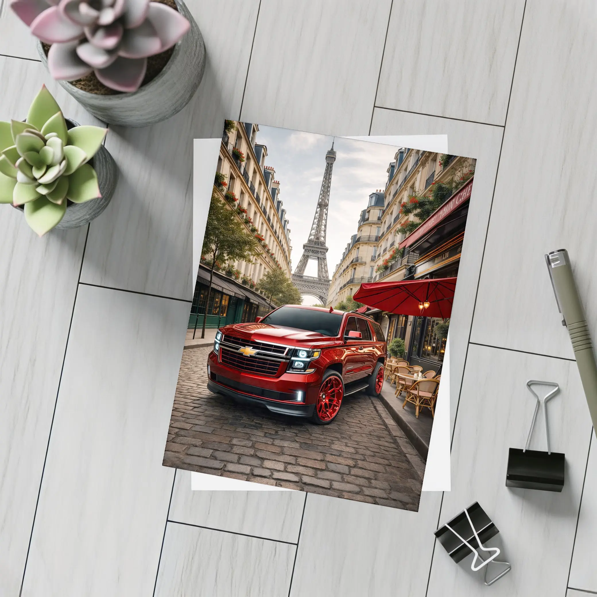 Chevrolet Suburban Red SUV Paris Streets – Postcards