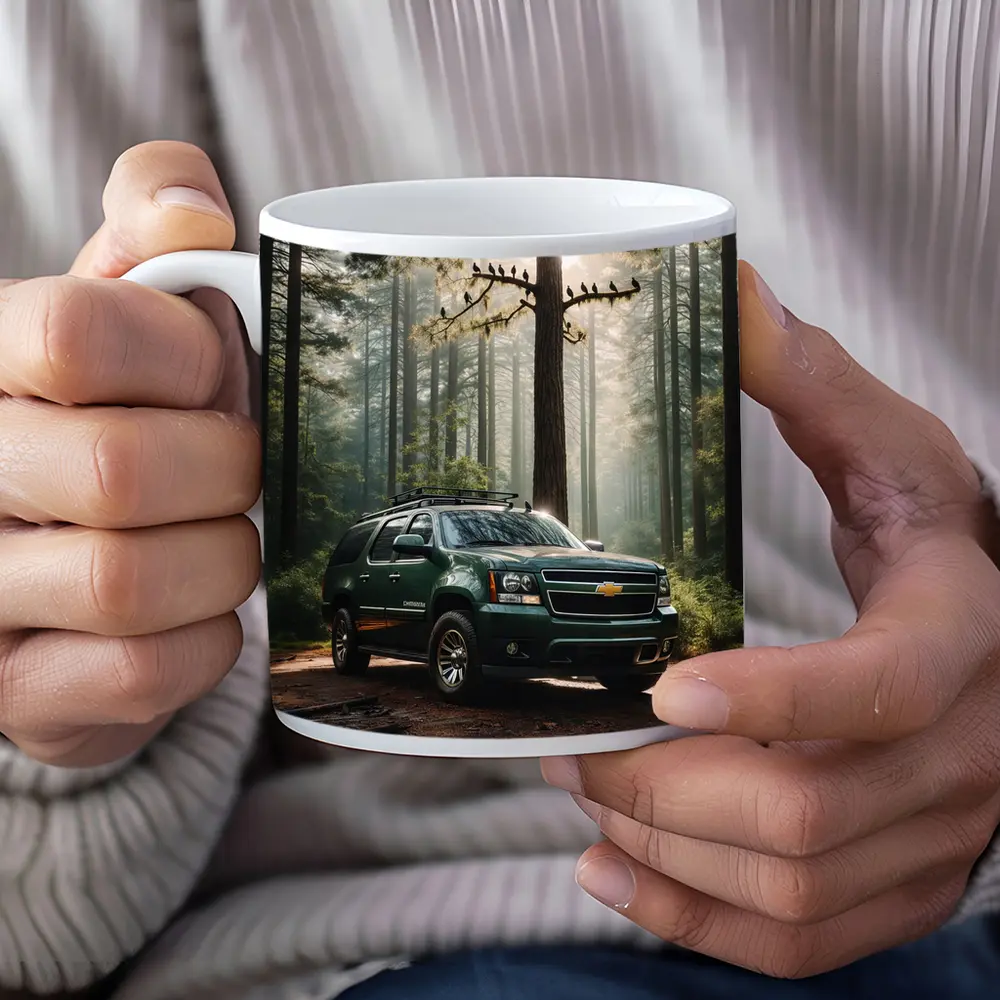 Chevrolet Suburban Green SUV Forest Setting – Mugs