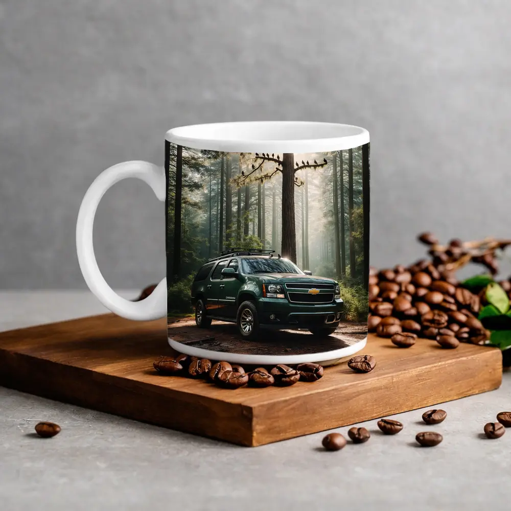 Chevrolet Suburban Green SUV Forest Setting – Mugs