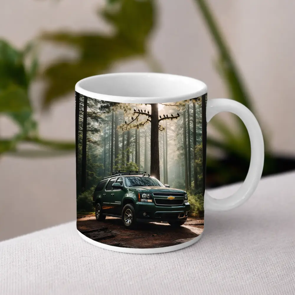 Chevrolet Suburban Green SUV Forest Setting – Mugs