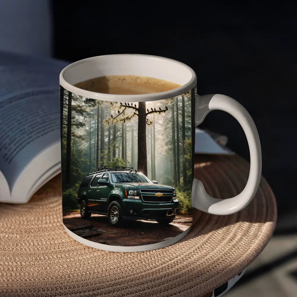 Chevrolet Suburban Green SUV Forest Setting – Mugs