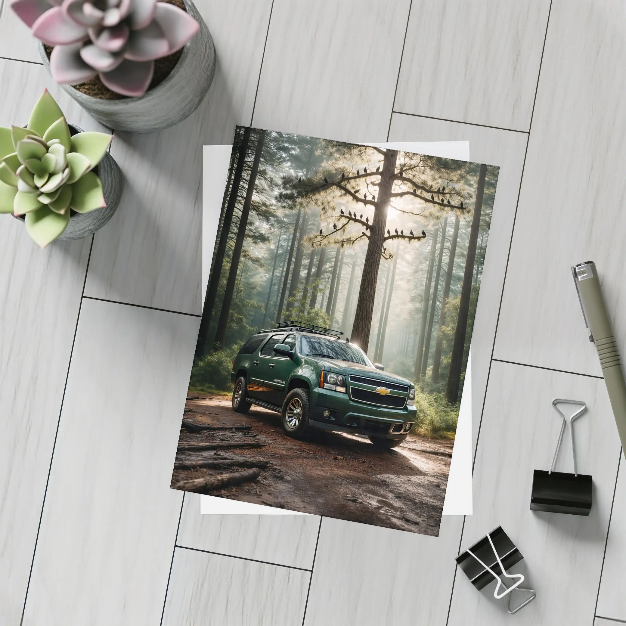 Chevrolet Suburban Green SUV Forest Setting – Postcards