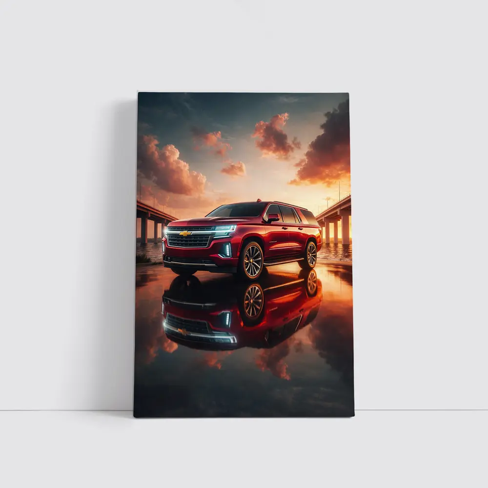 Chevrolet Suburban Red SUV Sunset Bridge – Wall Art