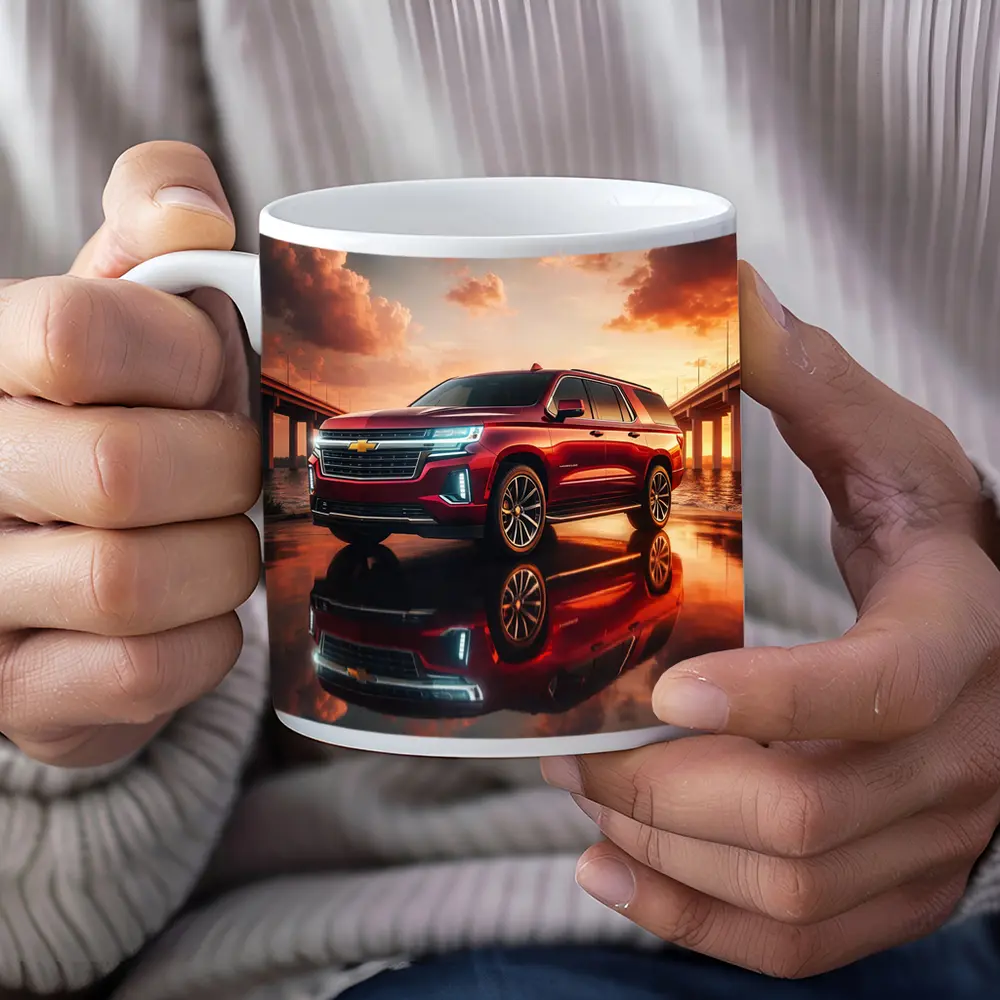 Chevrolet Suburban Red SUV Sunset Bridge – Mugs