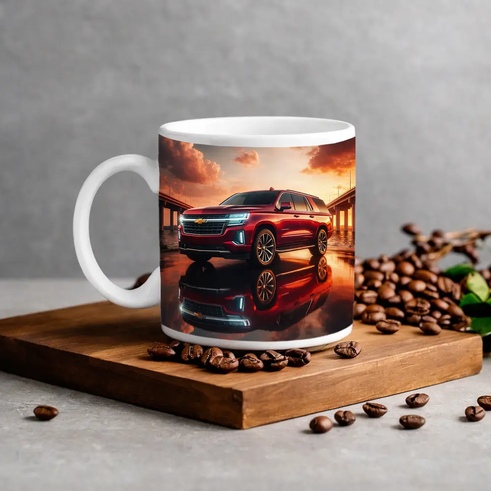 Chevrolet Suburban Red SUV Sunset Bridge – Mugs