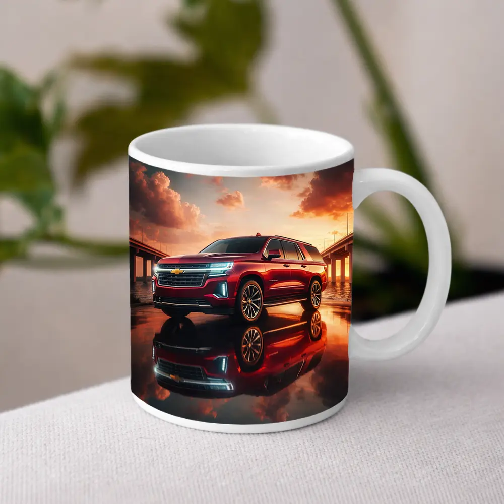 Chevrolet Suburban Red SUV Sunset Bridge – Mugs