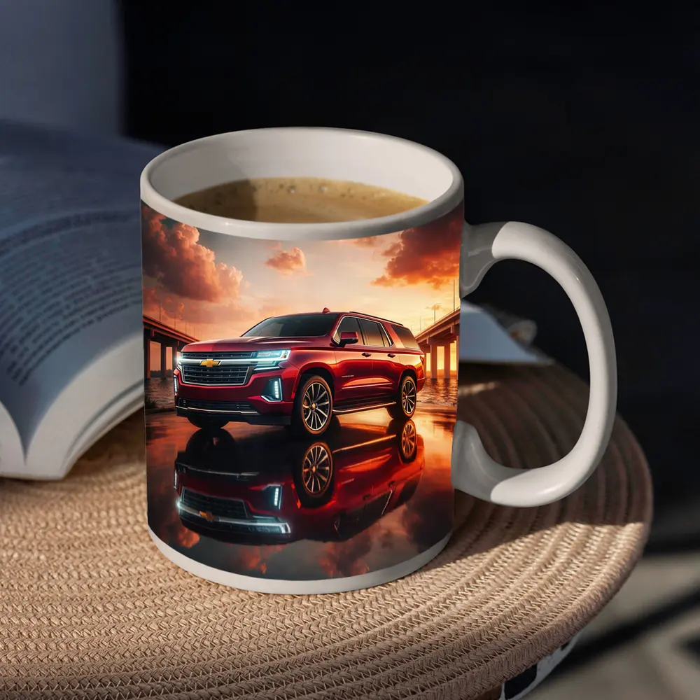Chevrolet Suburban Red SUV Sunset Bridge – Mugs