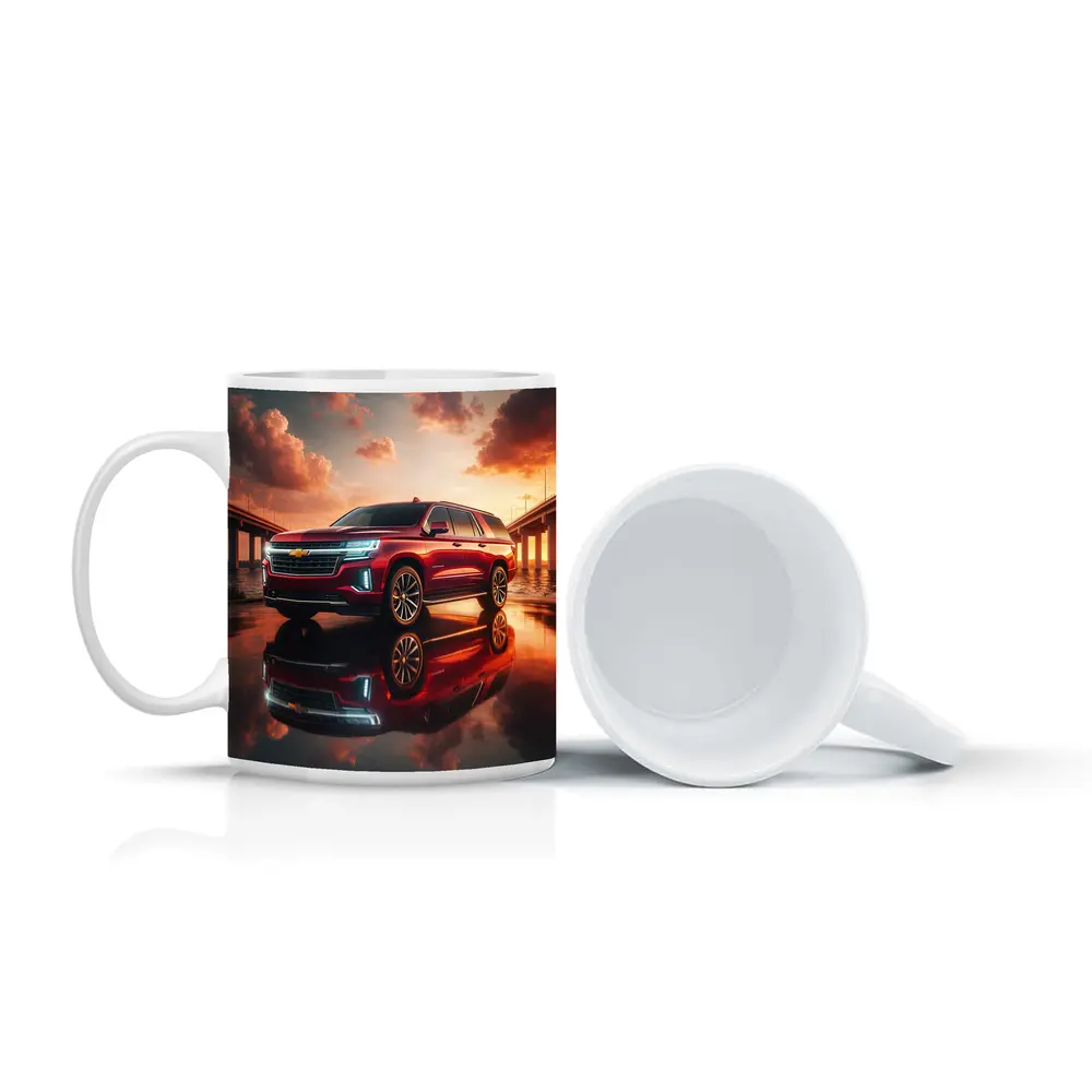 Chevrolet Suburban Red SUV Sunset Bridge – Mugs