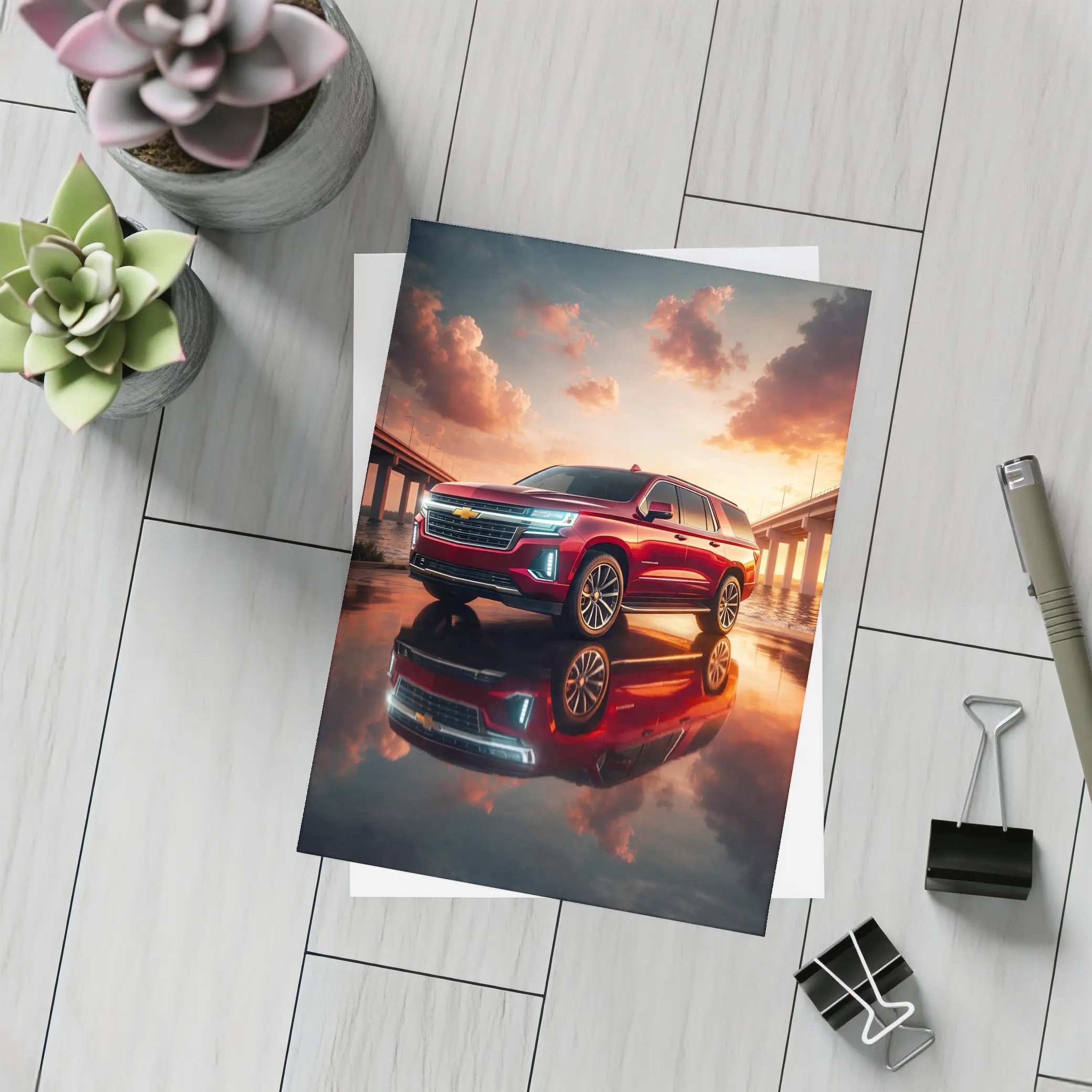 Chevrolet Suburban Red SUV Sunset Bridge – Postcards