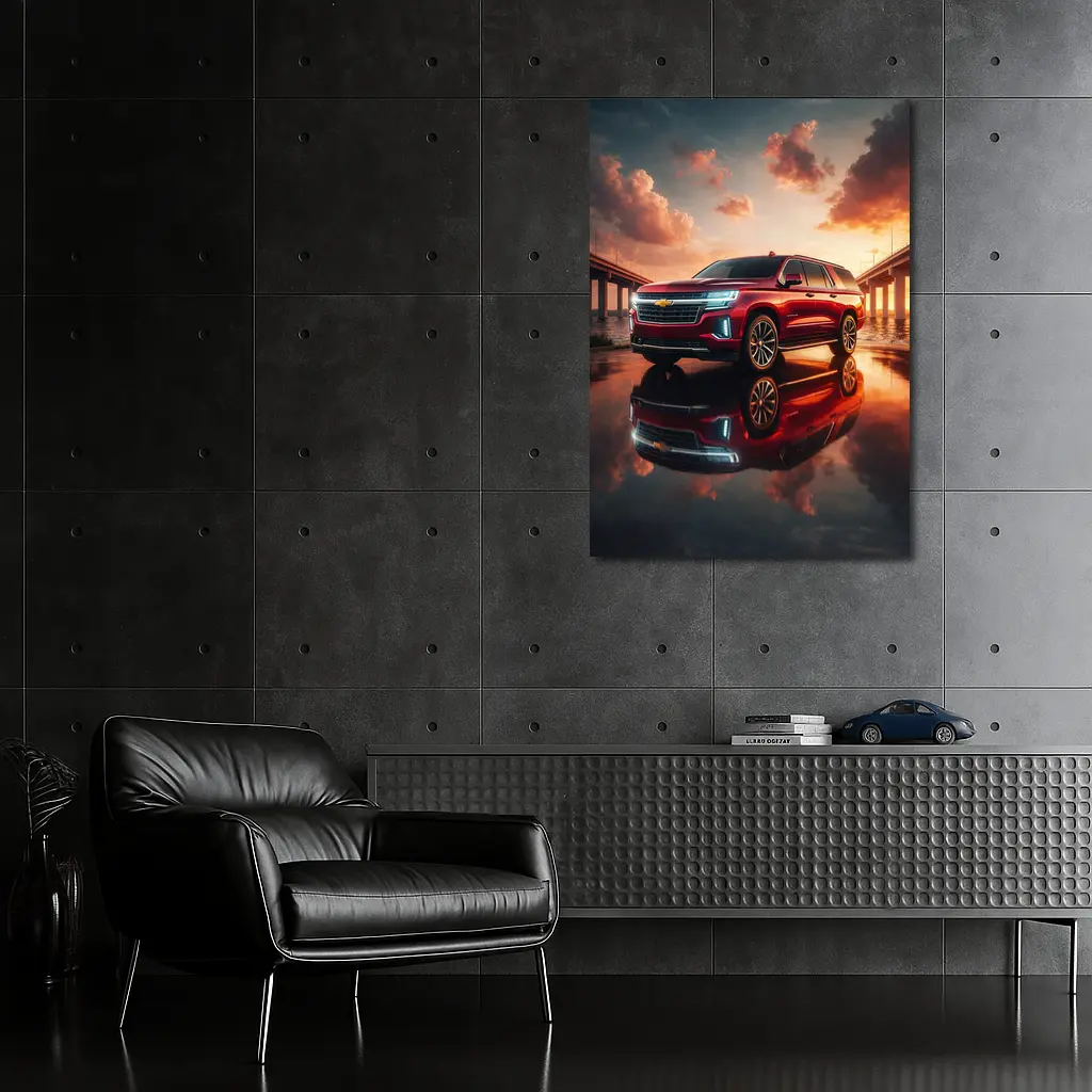 Chevrolet Suburban Red SUV Sunset Bridge – Wall Art