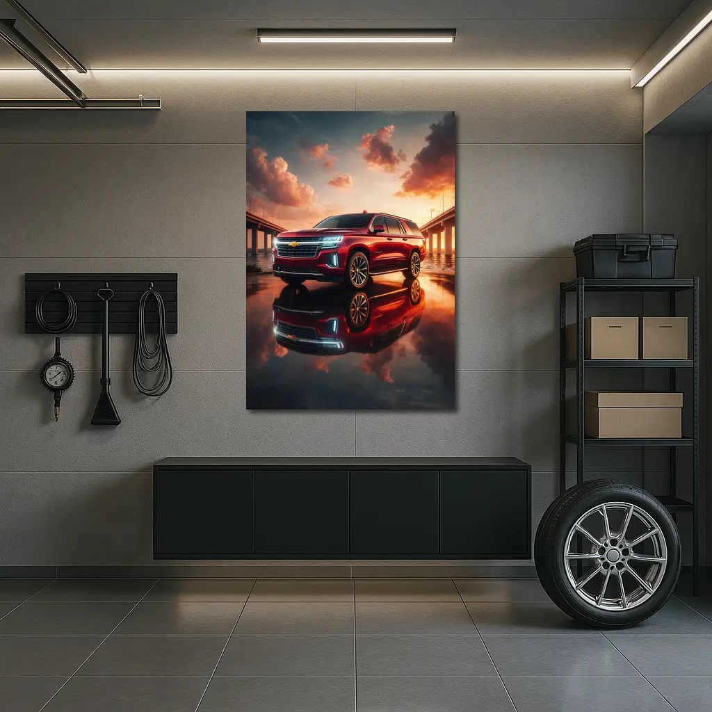 Chevrolet Suburban Red SUV Sunset Bridge – Wall Art