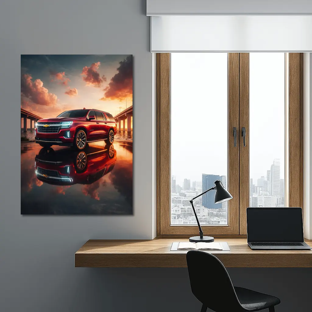 Chevrolet Suburban Red SUV Sunset Bridge – Wall Art