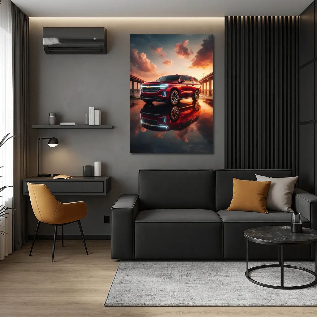 Chevrolet Suburban Red SUV Sunset Bridge – Wall Art
