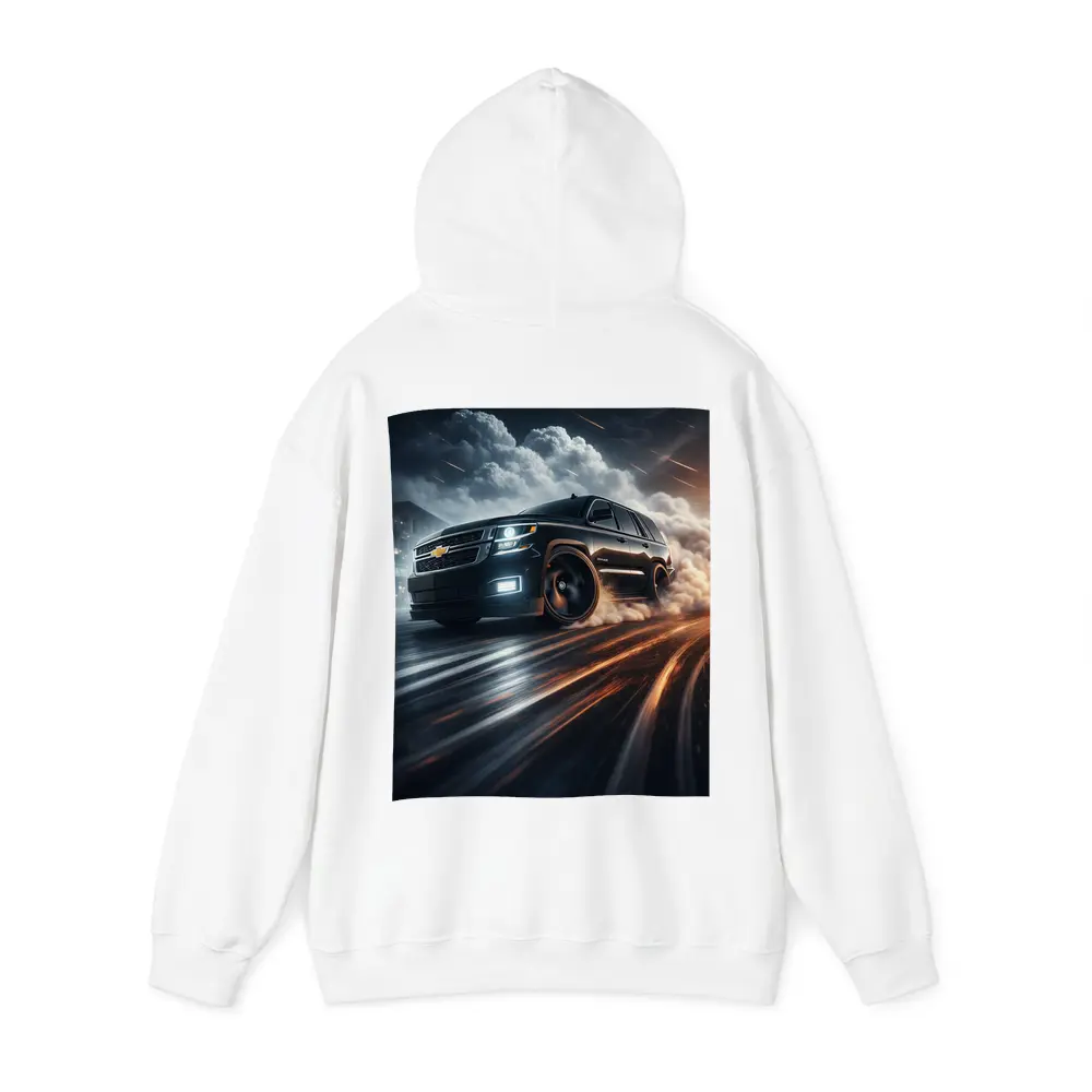 Chevrolet Tahoe Drifting Through Dramatic Storm Clouds – Hoodies